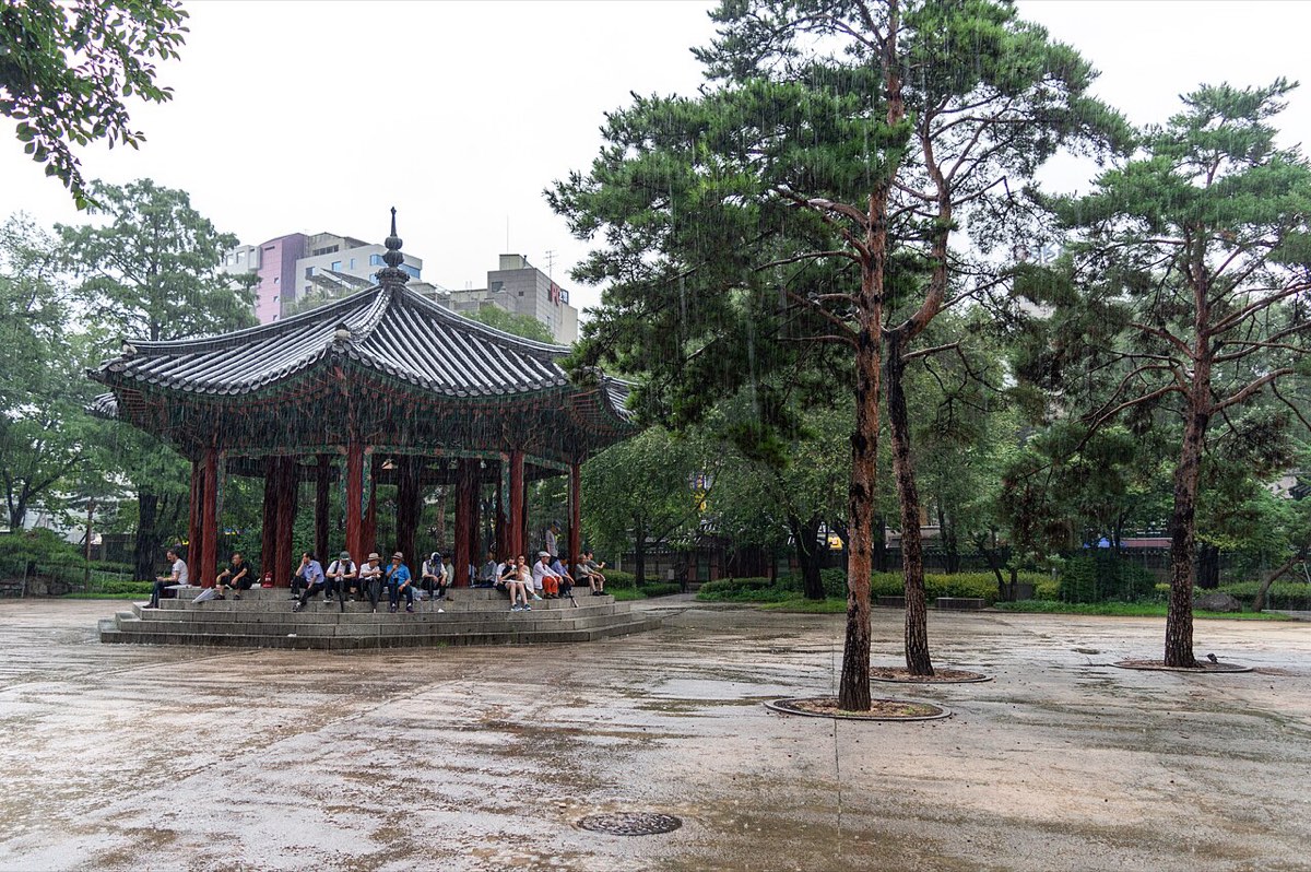 The octagonal pavilion of Tapgol Park, where the 1919 Declaration of Independence was read aloud, on a rainy day.