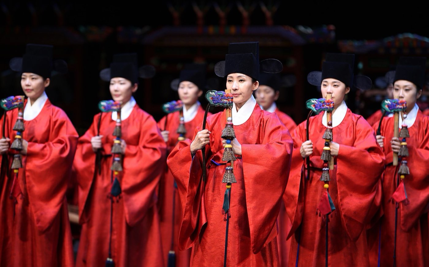 Musicians in court dress performing Jongmyo Jeryeak at the National Gugak Center